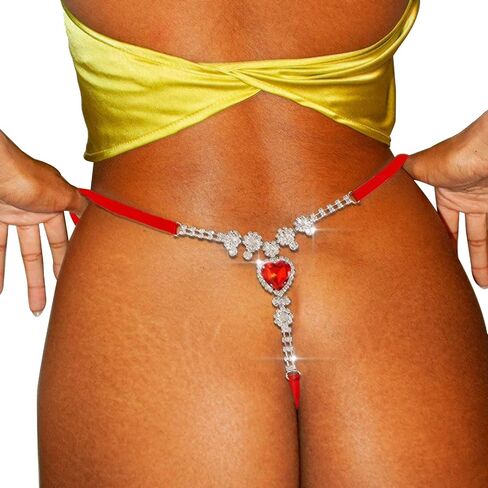 Summer Beach Crystal Heart Pendant Thong Panties Rhinestone Chain Thong G String Sexy Bikini Rhinestone Heart Waist Body Chain Jewelry for Women in Saudi Arabia