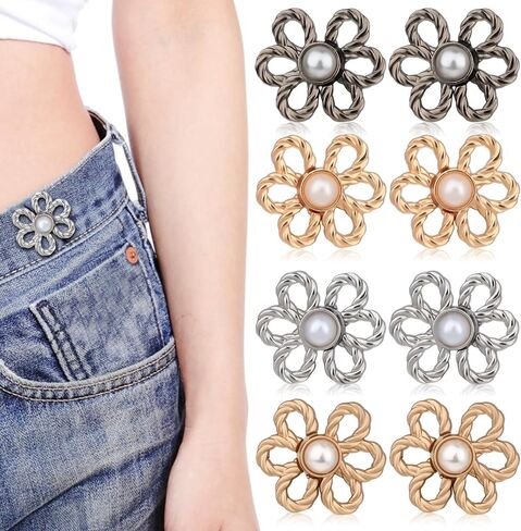 8 Sets Flower Jeans Buttons Pins, Metal No Sew Pant Waist Tightener Instant Adjuster Buckle, Detachable Cinched Waist Decorative for Loose Pants Skirts Sleeves in Saudi Arabia