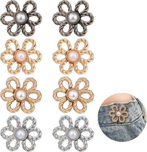 8 Sets Flower Jeans Buttons Pins, Metal No Sew Pant Waist Tightener Instant Adjuster Buckle, Detachable Cinched Waist Decorative for Loose Pants Skirts Sleeves in Saudi Arabia