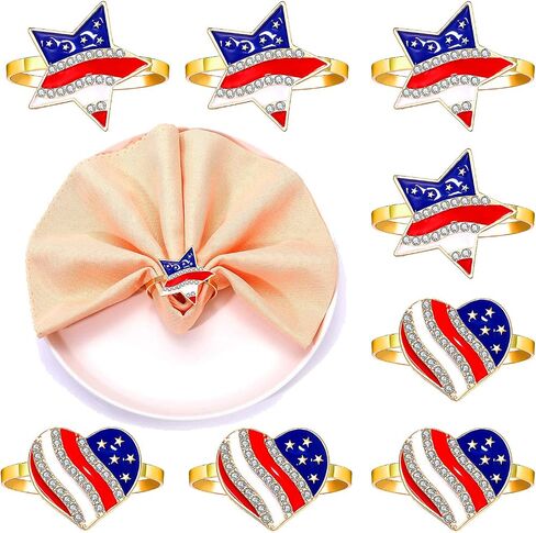 6PCS 4th of July American Flag Napkin Rings Rhinestone Patriotic Heart Star Napkin Holder Rings Independence Day Banquet Party Dinner Table Decor Accessory (6PCS Rhinestone Heart) in Saudi Arabia