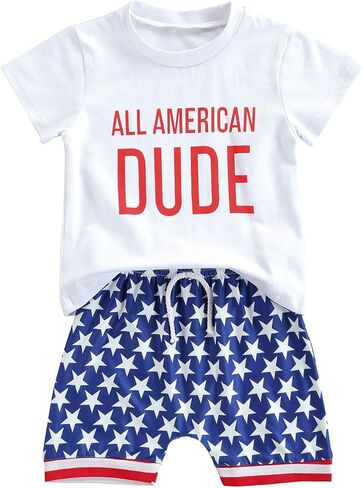 Toddler Baby Boy 4th of July Outfit Short Sleeve T-shirt Top American Flag Shorts 2Pcs Summer Clothes Set in Kuwait