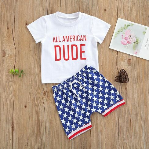 Toddler Baby Boy 4th of July Outfit Short Sleeve T-shirt Top American Flag Shorts 2Pcs Summer Clothes Set in Kuwait