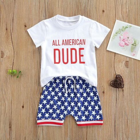 Toddler Baby Boy 4th of July Outfit Short Sleeve T-shirt Top American Flag Shorts 2Pcs Summer Clothes Set in Kuwait