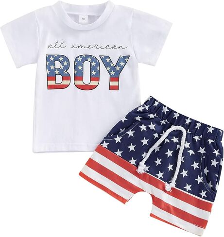Toddler Baby Boy 4th of July Outfit Short Sleeve T-shirt Top American Flag Shorts 2Pcs Summer Clothes Set in Kuwait