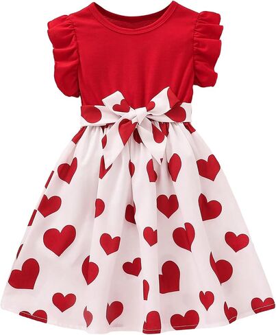 Verdusa Baby-Girls Cute Round Neck Short Sleeve Dress Heart Pattern Lace Sleeve Belted Midi Dress in Saudi Arabia