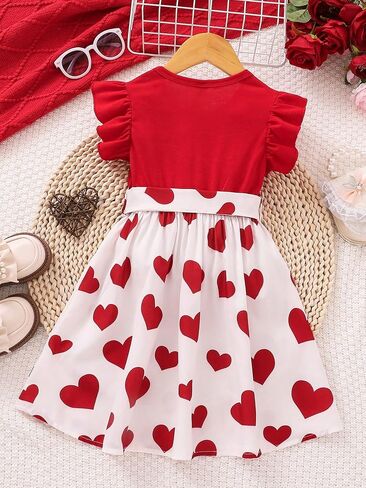 Verdusa Baby-Girls Cute Round Neck Short Sleeve Dress Heart Pattern Lace Sleeve Belted Midi Dress in Saudi Arabia