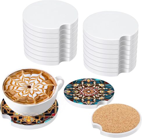 16 PCS Ceramic Car Sublimation Blanks Cupholders,2.6'' Absorbent Ceramic Sublimation Coasters Blanks with Finger Notch,Ceramic Stone Car Cup Coasters with Cork Back for Keeping Drink Spill in Saudi Arabia