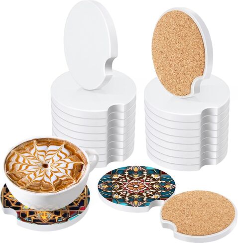 16 PCS Ceramic Car Sublimation Blanks Cupholders,2.6'' Absorbent Ceramic Sublimation Coasters Blanks with Finger Notch,Ceramic Stone Car Cup Coasters with Cork Back for Keeping Drink Spill in Saudi Arabia