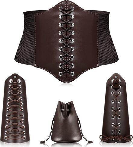 طقم أزياء من 4 قطع من العصور الوسطى يتضمن أحزمة مشد من الدانتيل والجلد القديم وحزام الخصر وسوار معصم من الجلد وحزام معصم من الفايكنج وحقيبة جلدية برباط in Kuwait