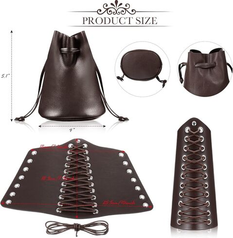 طقم أزياء من 4 قطع من العصور الوسطى يتضمن أحزمة مشد من الدانتيل والجلد القديم وحزام الخصر وسوار معصم من الجلد وحزام معصم من الفايكنج وحقيبة جلدية برباط in Kuwait