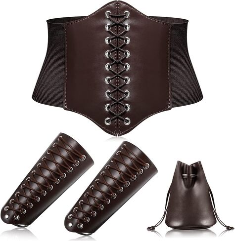 طقم أزياء من 4 قطع من العصور الوسطى يتضمن أحزمة مشد من الدانتيل والجلد القديم وحزام الخصر وسوار معصم من الجلد وحزام معصم من الفايكنج وحقيبة جلدية برباط in Kuwait