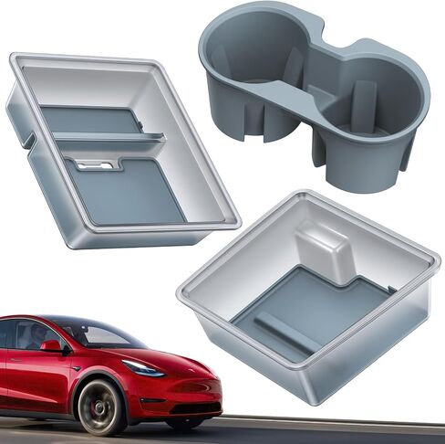 VICSEED 3PCS Tesla Center Console Organizer Set - Fit for 2021-2023 Model 3/Y, Translucent Front & Rear Console Organizer Tray, Non-Slip Silicone Cup Holder Insert, Tesla Interior Accessories in Saudi Arabia