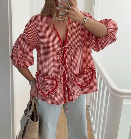 الحب القلب التطريز بيبلوم بلوزة للنساء قصيرة نفخة الأكمام التعادل الجبهة قميص Y2k الفتيات لطيف بيبي دول بلوزة in Kuwait