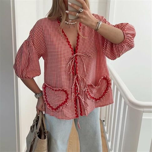 الحب القلب التطريز بيبلوم بلوزة للنساء قصيرة نفخة الأكمام التعادل الجبهة قميص Y2k الفتيات لطيف بيبي دول بلوزة in Kuwait