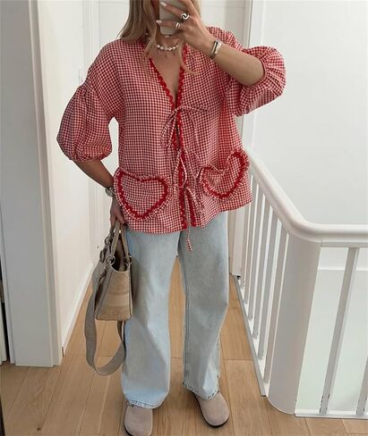 الحب القلب التطريز بيبلوم بلوزة للنساء قصيرة نفخة الأكمام التعادل الجبهة قميص Y2k الفتيات لطيف بيبي دول بلوزة in Kuwait