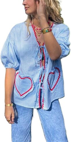 الحب القلب التطريز بيبلوم بلوزة للنساء قصيرة نفخة الأكمام التعادل الجبهة قميص Y2k الفتيات لطيف بيبي دول بلوزة in Kuwait