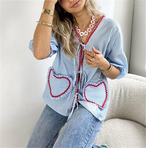 الحب القلب التطريز بيبلوم بلوزة للنساء قصيرة نفخة الأكمام التعادل الجبهة قميص Y2k الفتيات لطيف بيبي دول بلوزة in Kuwait