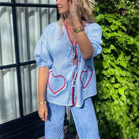 الحب القلب التطريز بيبلوم بلوزة للنساء قصيرة نفخة الأكمام التعادل الجبهة قميص Y2k الفتيات لطيف بيبي دول بلوزة in Kuwait