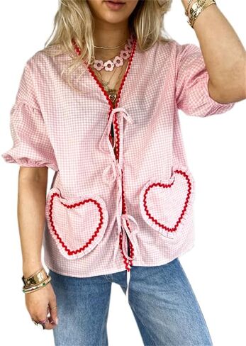 الحب القلب التطريز بيبلوم بلوزة للنساء قصيرة نفخة الأكمام التعادل الجبهة قميص Y2k الفتيات لطيف بيبي دول بلوزة in Kuwait