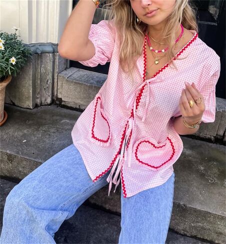 الحب القلب التطريز بيبلوم بلوزة للنساء قصيرة نفخة الأكمام التعادل الجبهة قميص Y2k الفتيات لطيف بيبي دول بلوزة in Kuwait