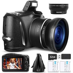 Digital Camera Compact Vlogging Camera, 4K 48MP Camera for Photography with 2 Batteries,32GB SD Card, 16x Digital Zoom, 3.0 inch Screen,Camera for Beginners（LK SD）
