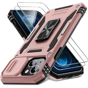 DEERLAMN for iPhone 15 Case with Slide Camera Cover + Screen Protector (2 Packs), Rotated Ring Kickstand Military Grade Shockproof Protective Cover-Black