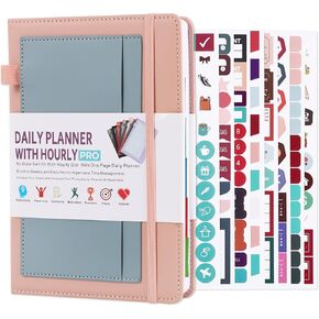 2024-2025 Planner with Practical Stickers, Undated Hourly Planner Daily Organizer Monthly Summary Agenda Book Planner Customizable Date, Leather Cover with Card Storages & Paper Pocket