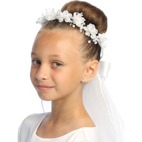 Swea Pea & Lilli Girls First Communion Veil - White Holy 1st Communion Headpiece with Organza Flowers, Rhinestones, Pearls and Comb