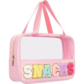 Snack Bag Clear Chenille Varsity Letter Zipper Pouch for Travel Preppy Cosmetic Bag Clear Cosmetic Bag Makeup Travel Bag for Women