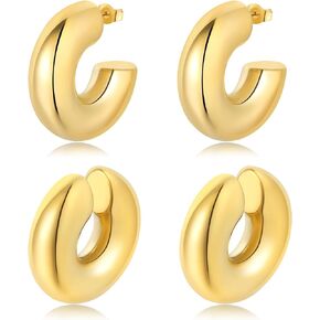 Gold Chunky Hoop Earrings & Gold Ear Cuff Set, 14K Gold Plated No Piercing Open Hoop Earrings Lightweight Ear Cuff Set Stainless Steel Hollow Earrings Jewelry Set for Women Girls Gift