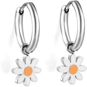 Daisy Small Hoop Flower Charm Earrings for Women Teen Girls Cartilage Hypoallergenic Dainty Cute Stainless Steel Silver Plated Lucky Flowers Short Dangle Drop Huggie Hoops Fashion Jewelry Gift