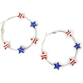 4th of July Star Hoop Earrings for Women Girls Red Blue White Enamel American Patriotic Circle Earrings Independence Day Holiday Festive Jewelry