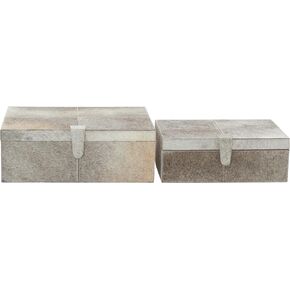 Benzara 95930 Modish Wood Grey Leather Hide Box, Set of 2