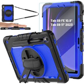 BLOSOMEET Case for Samsung Galaxy Tab S9 11 Inch/Galaxy Tab S9 FE 10.9 Inch 2023 with Tempered Glass Screen Protector Pencil Holder, Shoulder Strap & Hand Strap,Stand,Black