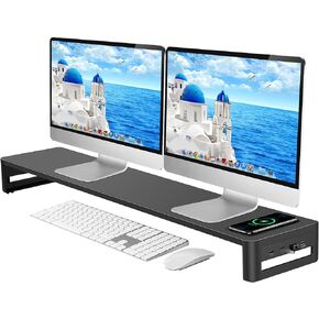 Dual Monitor Stand with Wireless Charging and 4 USB 3.0 Ports, Steel Monitor Stands for 2 Monitors, Metal Computer Stand Riser for Desk, Office, Laptop, PC, iMac up to 32 Inches (Black)