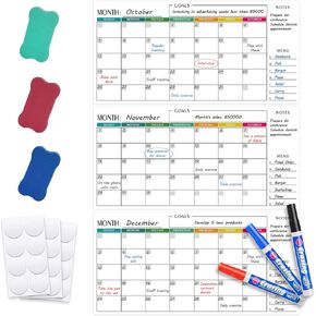 3PCS Large Dry Erase Calendar for Wall Monthly, 30" x 45" Calendar for White Boards - 90 day Family Whiteboard Schedule Planner, Large Multi Month Reusable