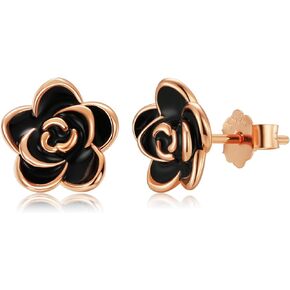 Flower Earrings Stud Sterling Silver Rose Earrings For Sensitive Ears Black and Rose Gold Earrings Nickel Free for Women