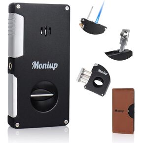 All-in-one Jet Torch Lighter with Built-in V Cutter, Punch, Gas Window, Leather case, Luxurious Gifts for Men, Adjustable Windproof Butane Refillable Cool Lighters for Outdoors, Travel, Candles