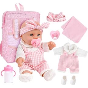 DONTNO 12 Inch Baby Doll with Clothes and Backpack Carrier,Newborn Baby Doll Includes Doll Clothes,Blanket,Pacifier,Bottle,First Baby Dolls for Toddlers 36 Months and Up