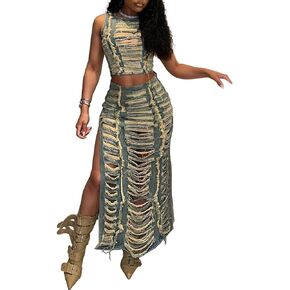 KANSOON Skirt Sets Women 2 Piece Outfits Denim Ripped Distressed Sleeveless Crop Tank Tops and Split Maxi Skirt Set