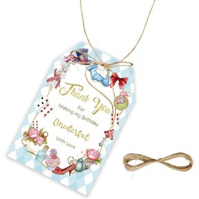 50pcs Alice in Wonderland Thank You Tags, Pink Onederland Girl Gift Tag with String for Baby Shower Party, Thank You Paper Tags for Girl 1st Birthday Party Favors