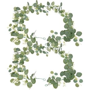 Artificial Eucalyptus Garland for Mantle Decor 2 Packs Faux Green Vines Garland with Flowers Greenery Garland 5.9ft Long Home Decor Table Decoration (Round Leaves with Small Flowers)