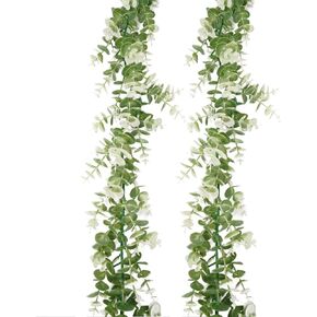 Artificial Eucalyptus Garland for Mantle Decor 2 Packs Faux Green Vines Garland with Flowers Greenery Garland 5.9ft Long Home Decor Table Decoration (Round Leaves with Small Flowers)