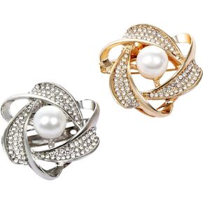 T-Shirt Clips 2 PCS, Clothes Corner Knotted Button, Fashion Alloy Pearl Rhinestone Circle Clip Buckle Round Shirt Silk Scarf