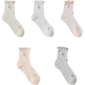 Ruffle Sock, 5 Pairs Floral Cute Casual No Show Socks, Breathable Cotton Crew Socks for Women and Girls