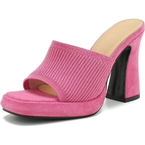 Women's Knit Platform Heels Square Toe High Chunky Heeled Mule Dress Party Sandals