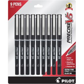 Pilot Precise V5 Stick Liquid Ink Rolling Ball Stick Pens, Extra Fine Point (0.5mm) Black Ink, 9-Pack