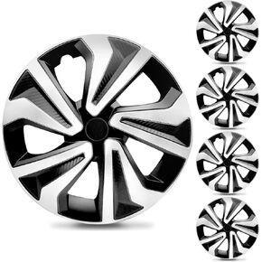 16 inch Set of 4 Hubcaps, Made in Taiwan - Universal Carbon Black & Silver 16" Wheel Cover, Fits Multiple Car Model