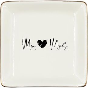 Mr.& Mrs Wedding Gifts Ceramic Jewelry Tray Dish, Mr Mrs Wedding Engagement Jewelry Plate Ring Trinket Dish, Mr Mrs Gold Engagement Honeymoon Gifts for Couples Bride Wife Girlfriend 292