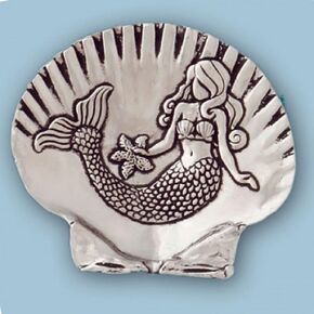 Pewter Mermaid Shell Small Tray, 3 Inch Length, Trinket Dish Ring Holder Gift Box